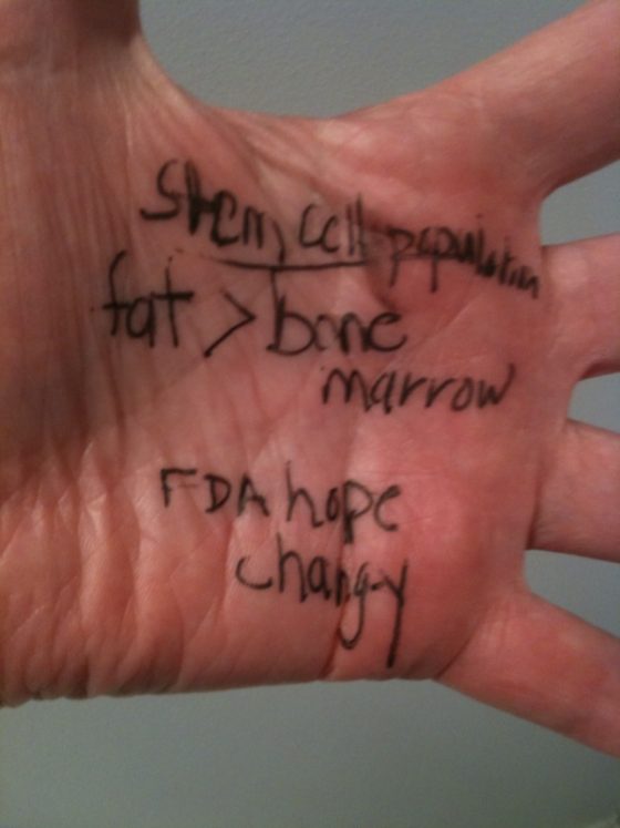 A photo of the inside of a hand with notes about stem cells.