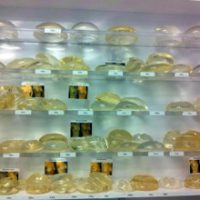 A display filled with different types of breast implants.