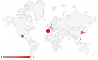 A map of Adipose stem cell clinical trial by country hot spots.