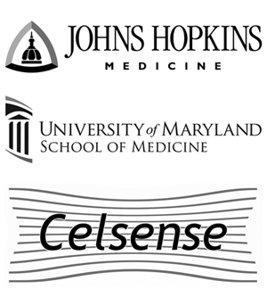 Johns Hopkins Medical School logo, University of Maryland Medical School logo, Clesense logo