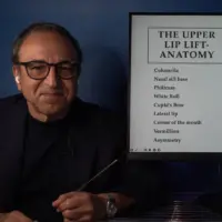 Dr. Rodriguez sitting in front of a monitor that lists lip surface anatomy points