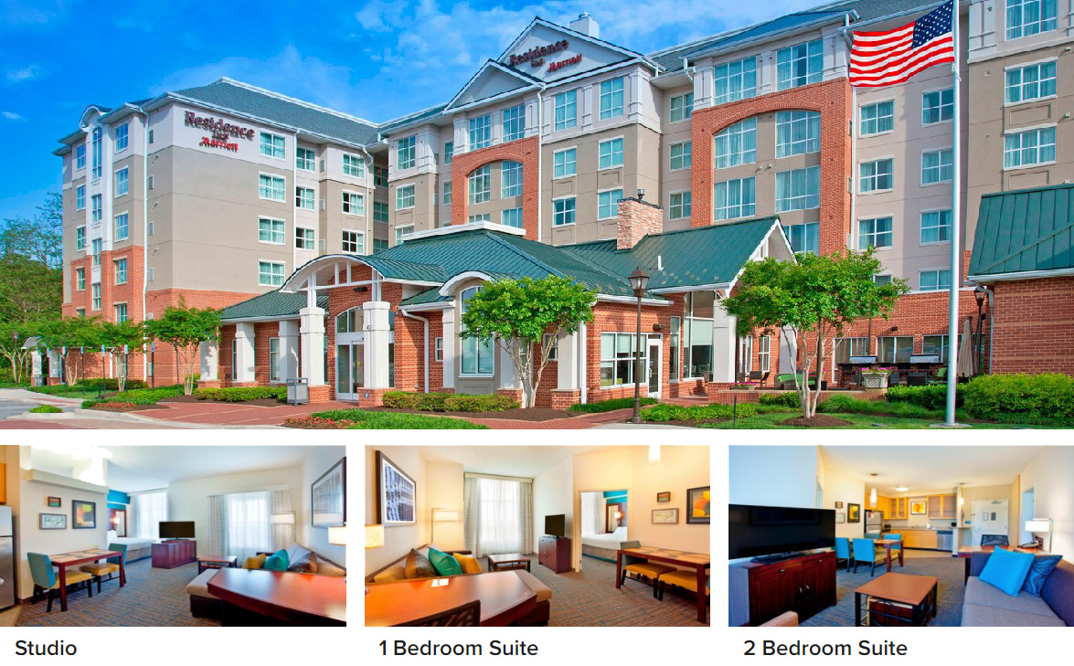 photo collage of the Residence Inn including the outside of the hotel and 3 different guest rooms