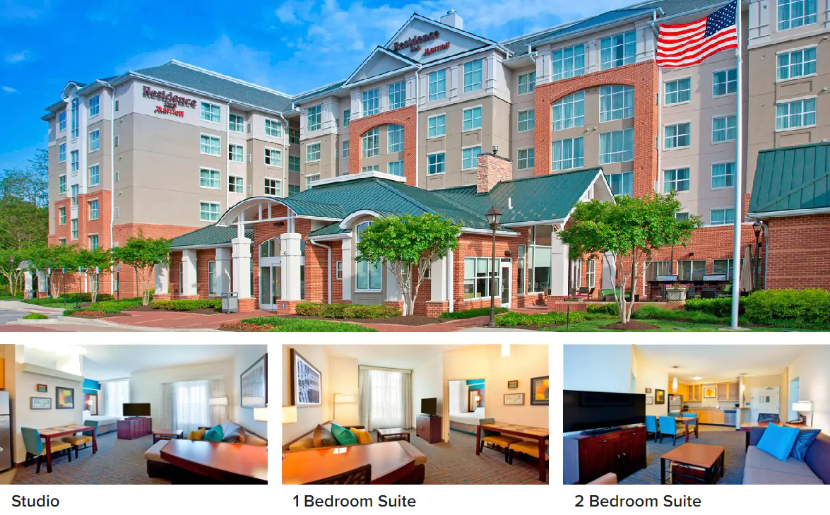 photo collage of the Residence Inn including the outside of the hotel and 3 different guest rooms