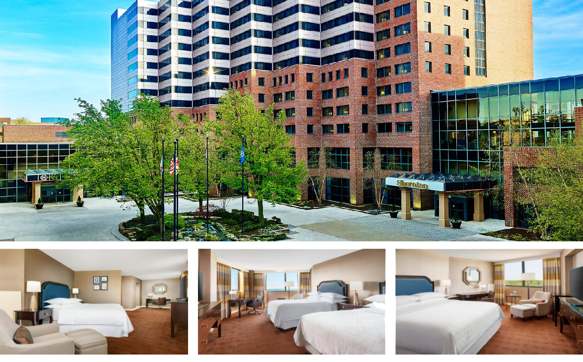 photo collage of the Sheraton Baltimore North including the outside of the hotel and 3 different guest rooms