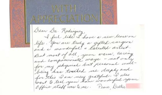 a thank you card and personal note written by a patient